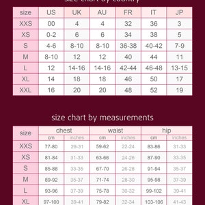 May include: A size chart showing measurements in centimetres and inches, and international sizing for UK, US, AU, FR, IT, and JP. Includes chest, waist, and hip measurements.