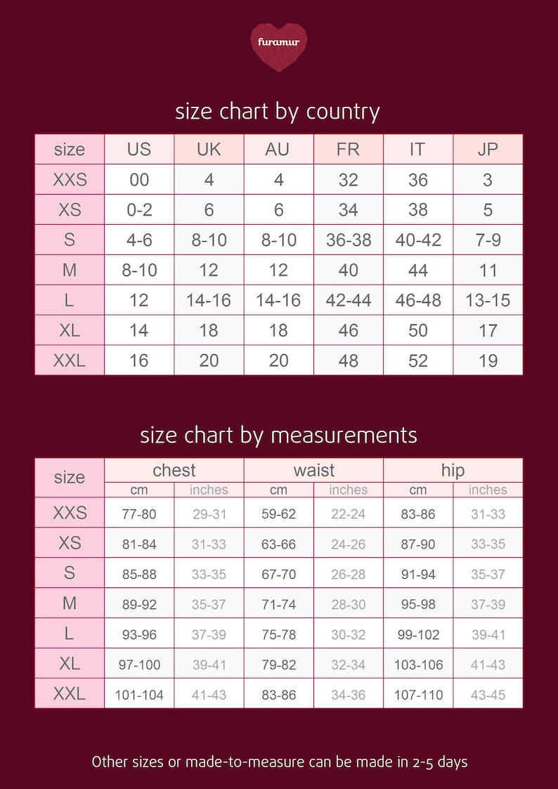 May include: A size chart showing measurements in centimetres and inches, and international sizing for UK, US, AU, FR, IT, and JP. Includes chest, waist, and hip measurements.
