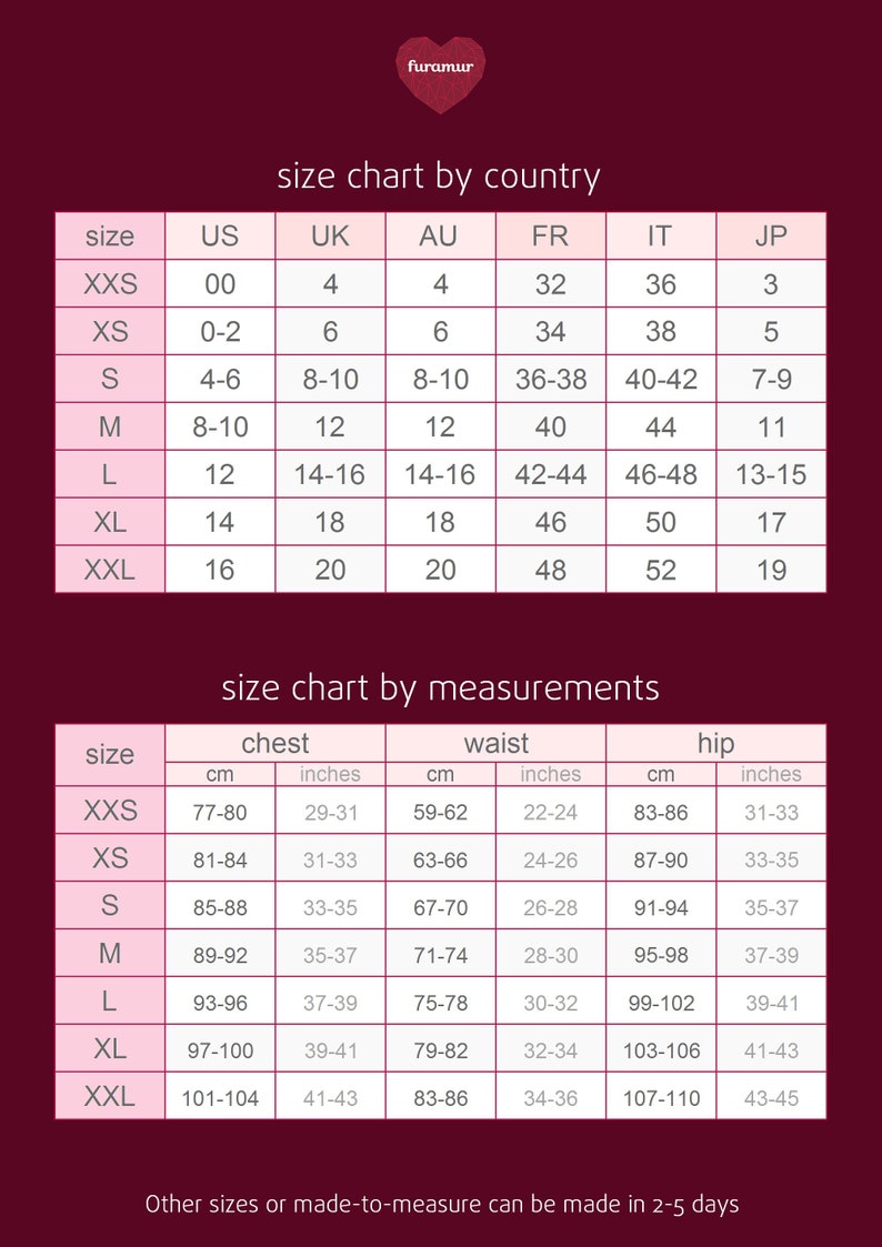 以下が含まれることがあります： US、UK、AU、FR、IT、JPのサイズ換算と、センチメートルとインチの測定値を示すサイズチャート。胸囲、ウエスト、ヒップの測定値が含まれています。