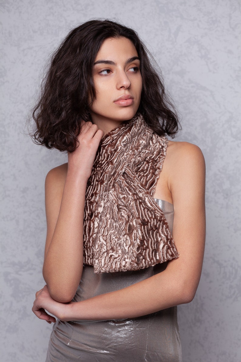 Golden Scarf. Fur Tie. Fur Mufflers. Winter Tie. Beige Scarfs. Women's Scarfs. Women's Muffler. Exclusive eco furs by Tissavel France image 2