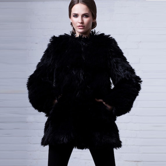 Black Lama Coat - Vegan Fashion - Women's Fur Jacket - Exclusive eco-furs by Tissavel (France)