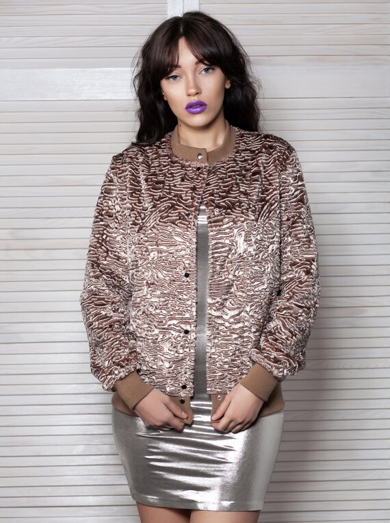 Women's Bomber Jacket - Beige Karakul Fur Bomber Jacket - Winter Bomber Jacket For Teens - Handmade Bomber Jackets - Beige Velvet Jacket
