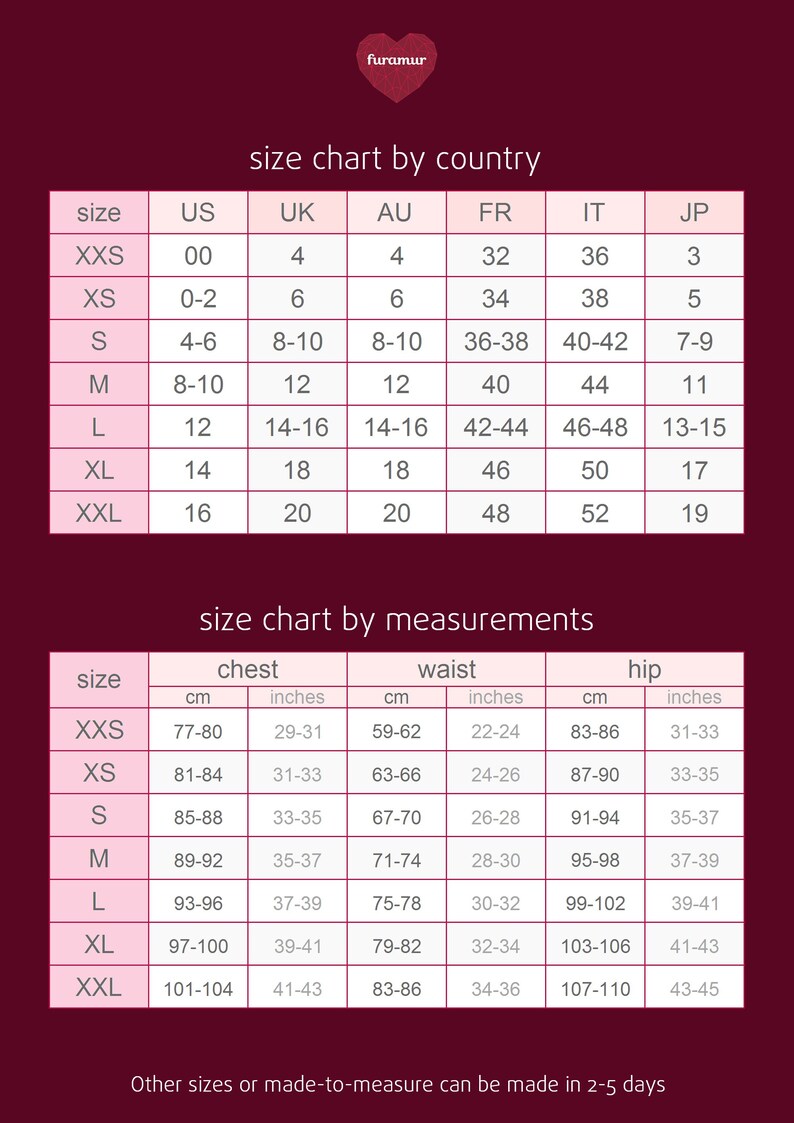 Pu&ograve; includere: Una tabella delle taglie con misure in centimetri e pollici e taglie internazionali per US, UK, AU, FR, IT e JP. Include misure di petto, vita e fianchi.