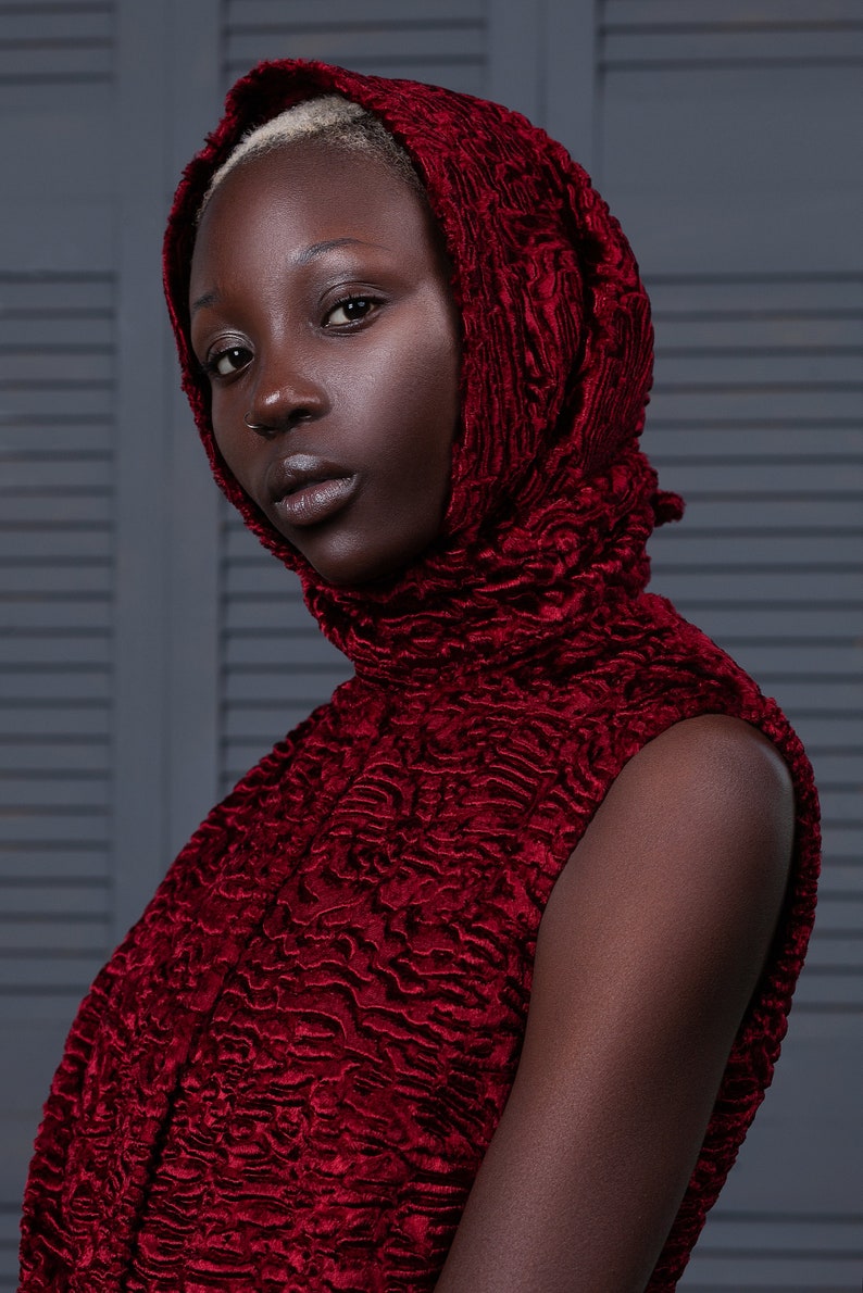 Winter Scarves. Red Kerchief. Winter Tucker. Women Head Wrap. Women's Tucker. Fur Scarves. Exclusive eco furs by Tissavel France image 2