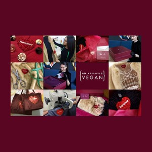 Pu&ograve; includere: Un collage di immagini con il marchio "furamur". Le immagini mostrano vari prodotti, tra cui un cappotto in finta pelliccia, borse tote e decorazioni a forma di cuore. Il logo del marchio, un cuore rosso con il nome del marchio, &egrave; visibile.