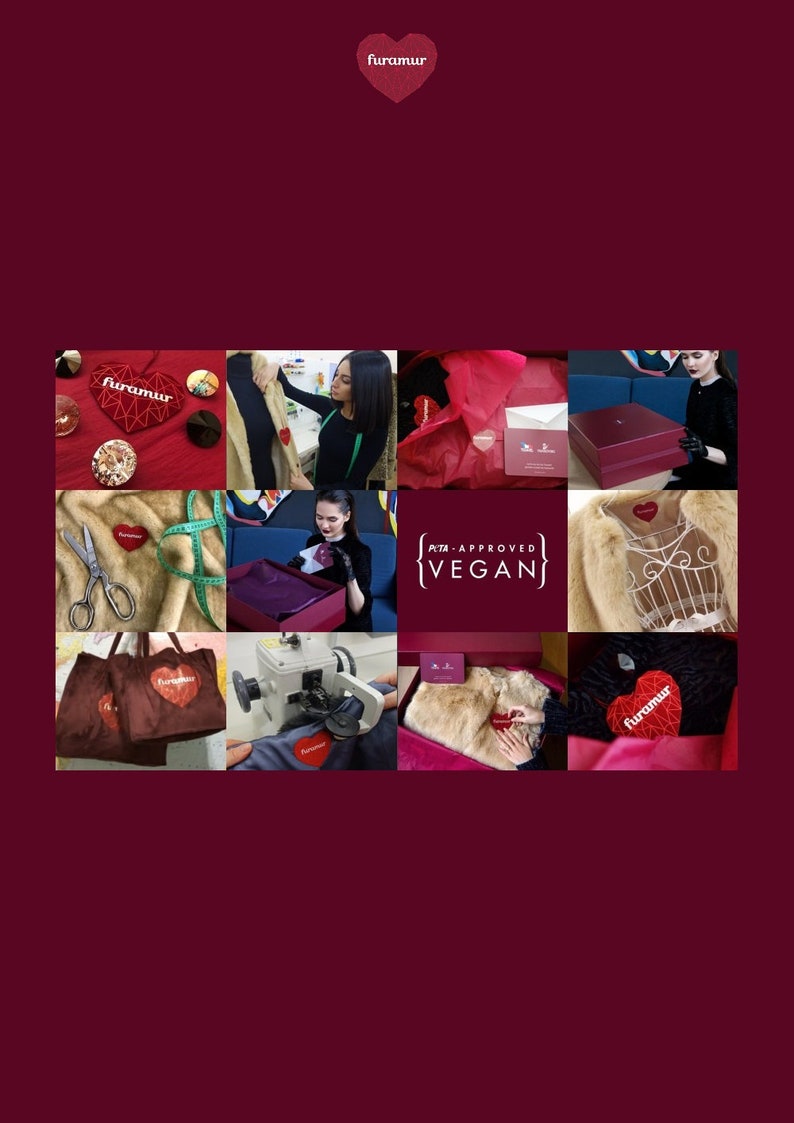 Pu&ograve; includere: Un collage di immagini con il marchio "furamur". Le immagini mostrano vari prodotti, tra cui un cappotto in finta pelliccia, borse tote e decorazioni a forma di cuore. Il logo del marchio, un cuore rosso con il nome del marchio, &egrave; visibile.