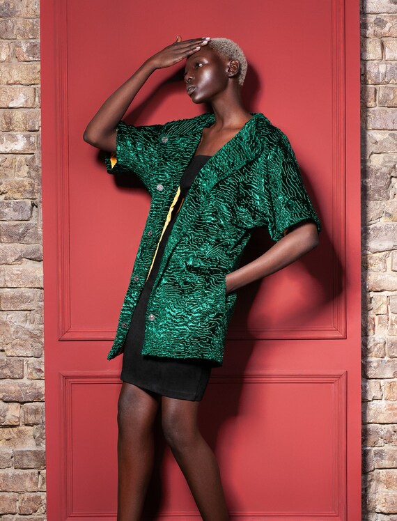 Faux Fur Jacket - Emerald Green Karakul Lamb Jacket - Bat Silhouette Jacket Coat - Exclusive Velvet - Elegant Jackets - Fur Jacket Women