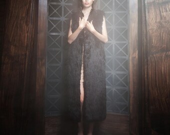 Black Lama Vest - Faux Fur Long Vests - Vegan Fashion - Elegant Style - Ankle Length Vest