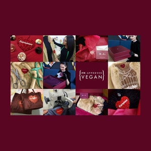May include: A collection of images showcasing products with a heart-shaped "furamur" logo. The images include a person working on a garment, a sewing machine, and a box with a heart logo. The text "PETA-APPROVED VEGAN" is also visible.