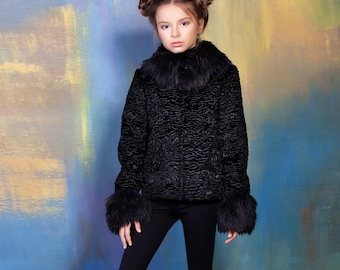 Kids coat - Kids Winter Coat: Black Eco Fur Astrakhan, Handmade