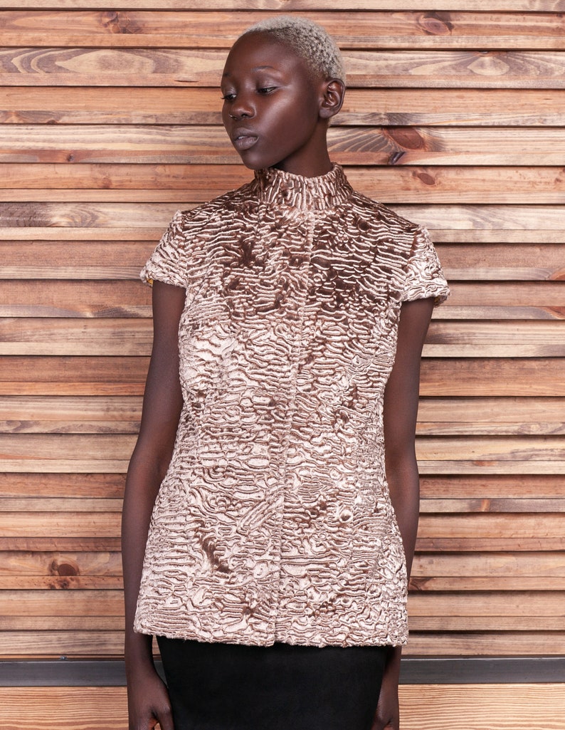 May include: A short-sleeved, high-collared top in a textured, light brown and cream pattern. The garment has a button-up front and a tailored fit. The model is wearing a black skirt, and the background is a wooden wall.