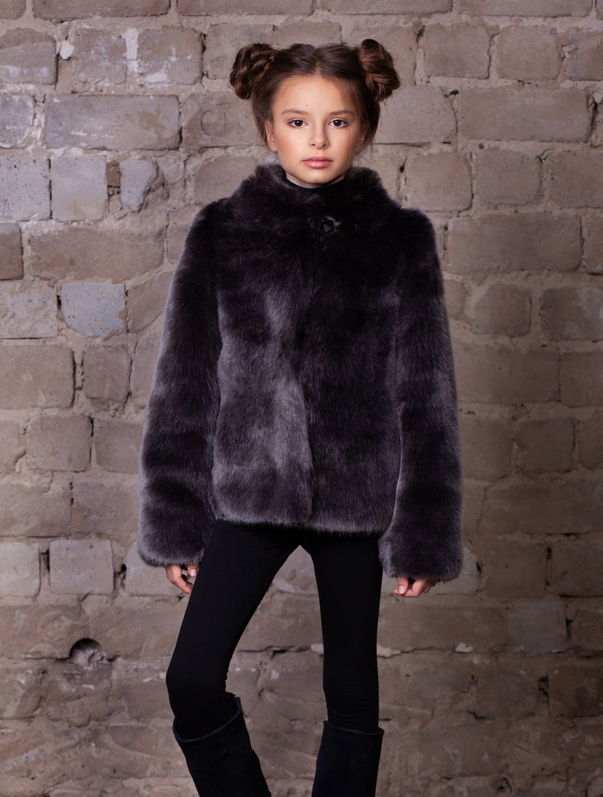 Luxury faux fur kids coat sable graphite. Exclusive eco furs | Etsy