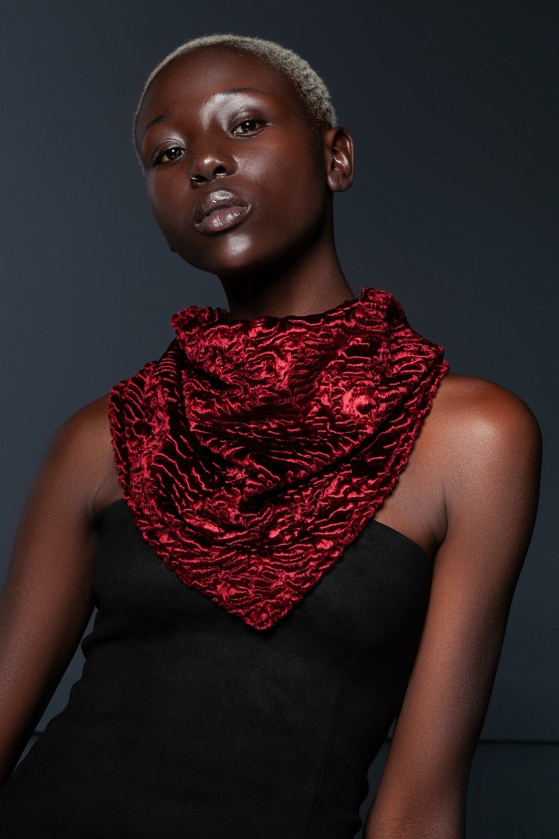 Winter Scarves. Red Kerchief. Winter Tucker. Women Head Wrap. Women's Tucker. Fur Scarves. Exclusive eco furs by Tissavel France image 1