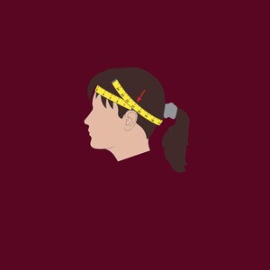 May include: Illustration of a person's head with a yellow measuring tape wrapped around it. The tape shows measurements in inches. A red arrow indicates the measurement direction. The background is a solid maroon color.