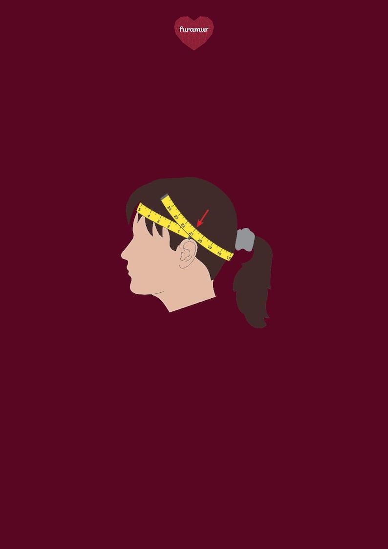 May include: Illustration of a person's head with a yellow measuring tape wrapped around it. The tape shows measurements in inches. A red arrow indicates the measurement direction. The background is a solid maroon color.