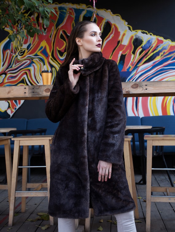 Luxury Faux Fur Coat Mink Cappuccino. Exclusive Eco Furs by