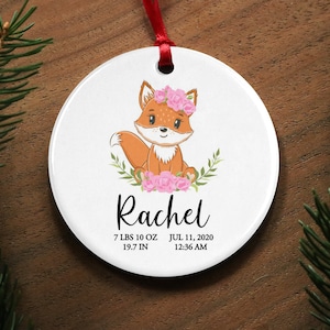 Custom 2 sided ceramic ornament, kids keepsake, parent gift, grandparent gift, Christmas tree, round tag, cute fox, flower design, holiday