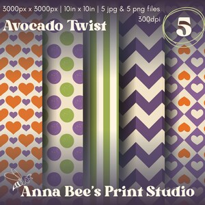 May include: Digital paper pack titled "Avocado Twist" featuring five unique patterns. Designs include orange hearts, purple and green polka dots, green and white stripes, purple chevrons, and orange and white hearts. The pack is 10 inches by 10 inches.