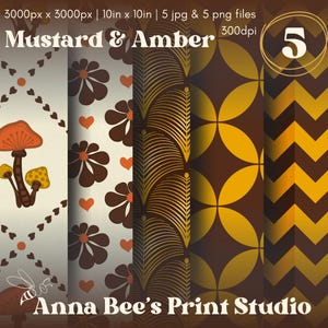 Puede incluir: Una impresión de arte digital que presenta cinco patrones diferentes en amarillo mostaza, marrón y ámbar. Los patrones incluyen diseños florales, geométricos y de hojas. Se muestra el texto "Mustard & Amber" y "Anna Bee's Print Studio".