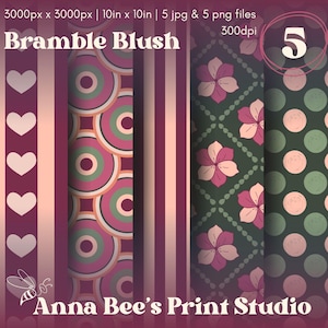 Può includere: Una stampa d'arte digitale con cinque diversi motivi in una combinazione di colori Bramble Blush. I disegni includono cuori, strisce, cerchi, motivi floreali e pois. È visibile anche il testo "Bramble Blush" e "Anna Bee's Print Studio".