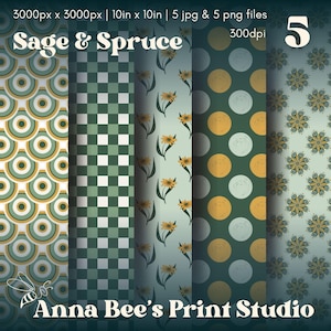 Retro Digital Paper Bundle Mustard Sage Forest Green Patterns 5 Seamless Tiles JPG PNG Floral Gingham Polka Dot Mandala