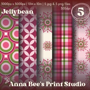 Può includere: Un pacchetto di stampe d'arte digitale con cinque design. I motivi includono cerchi geometrici, forme a diamante, motivi floreali e quadri nei toni del rosa, verde e bianco. Il testo "Jellybean" e "Anna Bee's Print Studio" sono visibili.