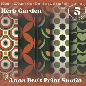 May include: A digital art print featuring five different patterns with a botanical theme. The patterns include circles, floral designs, and hearts in shades of green, orange, and white. The text "Herb Garden" and "Anna Bee's Print Studio" are visible.