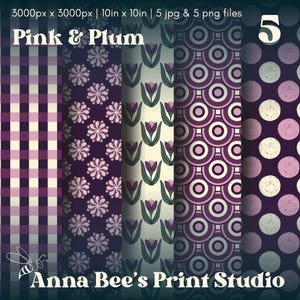 Può includere: Una stampa d'arte digitale con cinque diversi motivi nei toni del rosa e del prugna. I motivi includono quadretti, fiori, tulipani, cerchi e pois. Sono visibili anche i testi "Pink & Plum" e "Anna Bee's Print Studio".