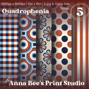 Può includere: Una stampa d'arte digitale con cinque diversi motivi. I motivi includono un motivo a quadri blu e rossi, cerchi concentrici, motivi floreali, pois e strisce verticali. È visibile anche il testo "Quadrophenia" e "Anna Bee's Print Studio".