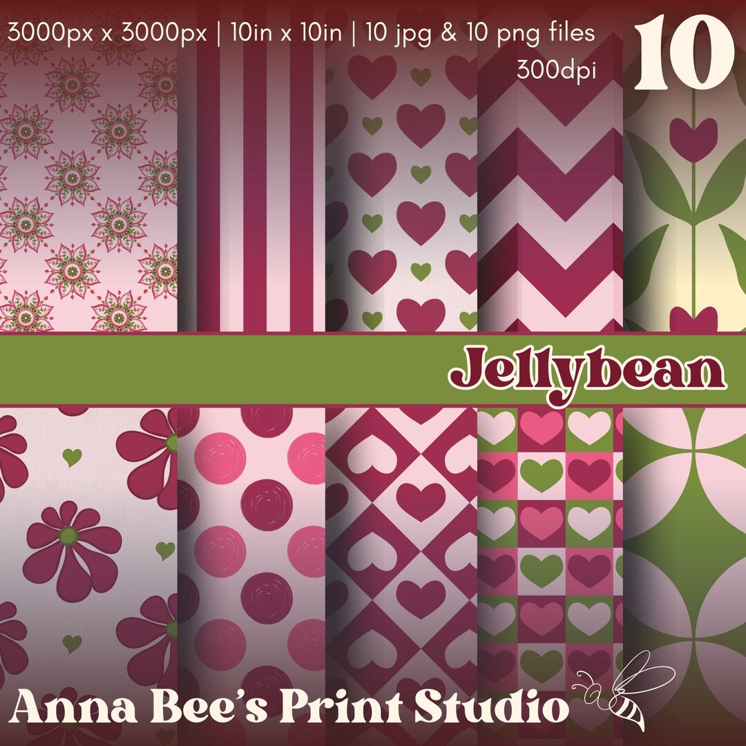 Retro Digital Paper Bundle Pink Green Raspberry Patterns 10 Seamless ...