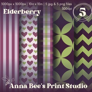 May include: A digital paper pack featuring five unique designs. The patterns include vertical stripes, hearts, plaid, floral, and chevron. The color palette is a mix of purple, green, and white. The image text reads "Elderberry" and "Anna Bee's Print Studio."