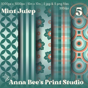 Può includere: Una stampa d'arte digitale con cinque diversi motivi nei toni del verde acqua, corallo e bianco. I motivi includono forme geometriche, strisce, disegni floreali e un motivo a quadri. Il testo "Mint Julep" e "Anna Bee's Print Studio" sono visibili.