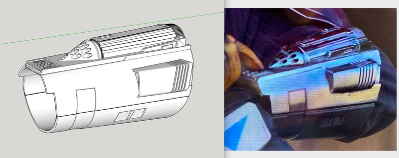 May include: A silver-colored, futuristic-looking weapon with a cylindrical body and a nozzle at the end. The weapon has a series of vents and grooves along its surface.