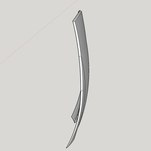 May include: A 3D-rendered, curved, gray object with a white interior. The object has a slender, elongated shape, with a slight curve along its length. The design appears to be a digital model, possibly for a product or architectural element.