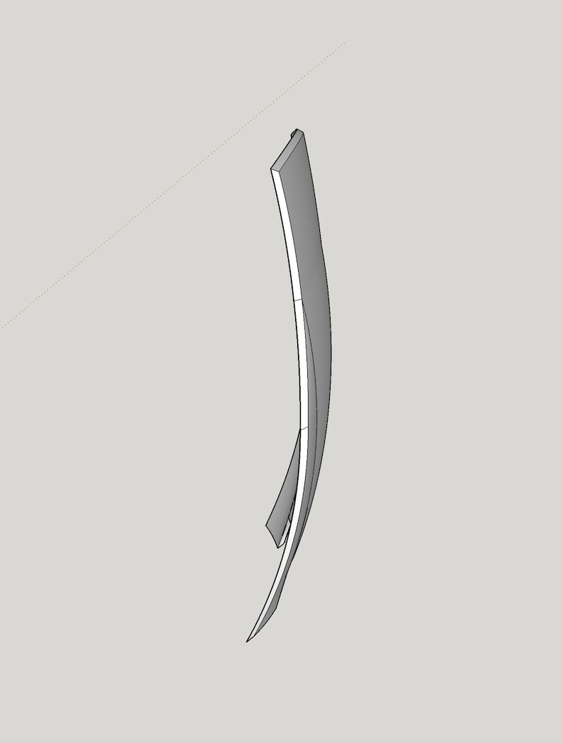 May include: A 3D-rendered, curved, gray object with a white interior. The object has a slender, elongated shape, with a slight curve along its length. The design appears to be a digital model, possibly for a product or architectural element.