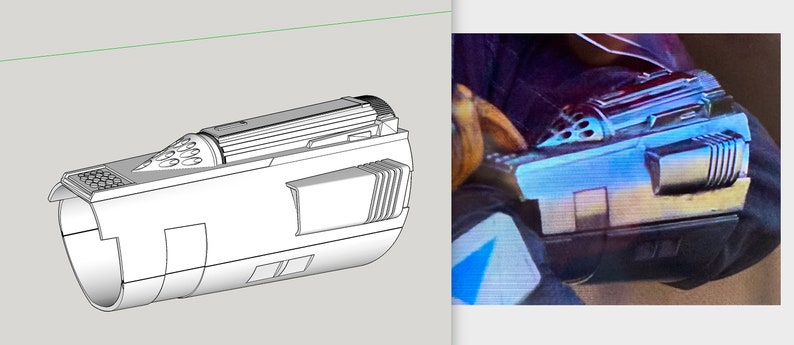 May include: A silver and black futuristic-looking weapon with a textured surface and a series of small holes on the top. The weapon has a cylindrical shape and a rounded end.