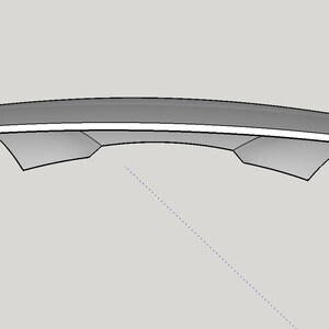 May include: A gray, curved object with a white stripe along the top edge. The object has two angled supports on the underside. The design appears to be a 3D model or architectural rendering.