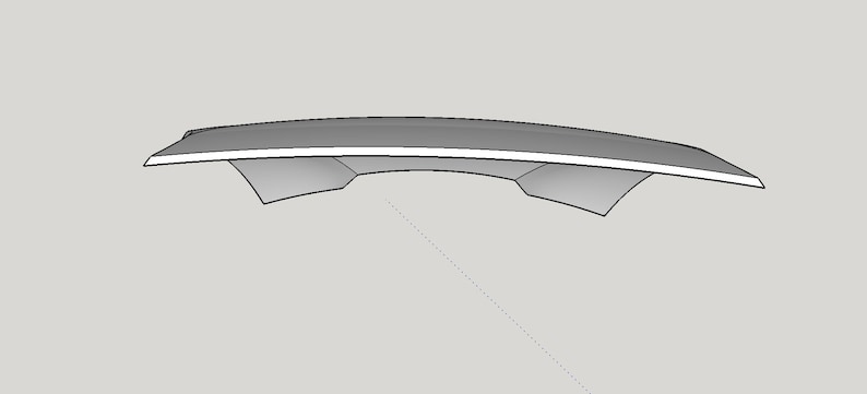 May include: A gray, curved object with a white stripe along the top edge. The object has two angled supports on the underside. The design appears to be a 3D model or architectural rendering.