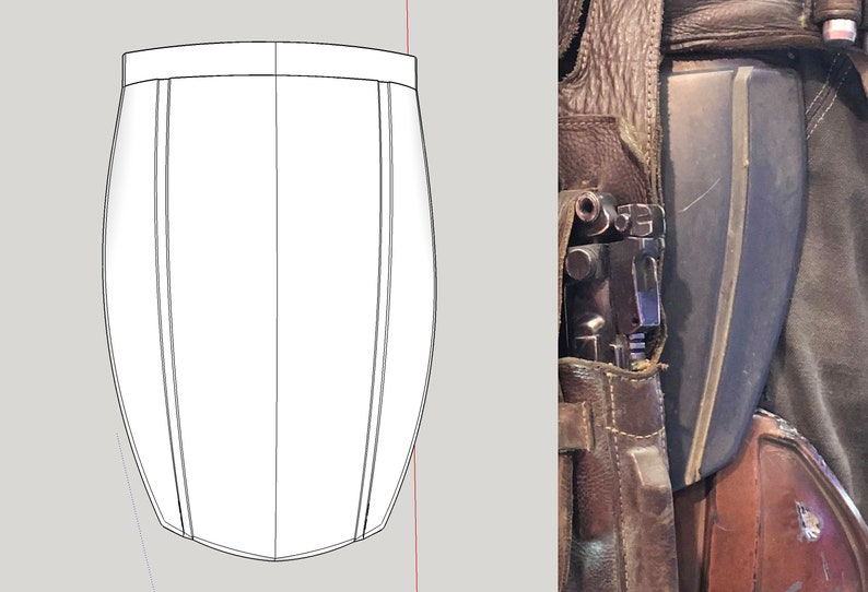 May include: A detailed illustration of a white, oval-shaped object with vertical lines, possibly a design element. The image also shows a portion of a costume with a holster and metallic armor, suggesting a sci-fi or cosplay theme.