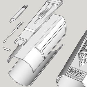 May include: A disassembled model of a futuristic weapon with a cylindrical body, a pointed tip, and a series of buttons and controls. The weapon is made of white plastic and has a sleek, modern design.
