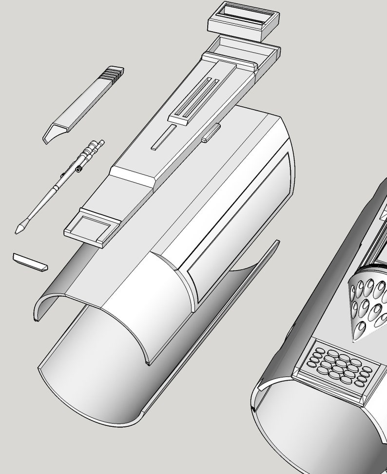 May include: A disassembled model of a futuristic weapon with a cylindrical body, a pointed tip, and a series of buttons and controls. The weapon is made of white plastic and has a sleek, modern design.