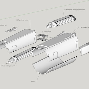 May include: A disassembled model rocket kit with various parts, including the rocket body, nose cone, fins, and a whistling bird attachment. The parts are labeled with their names.