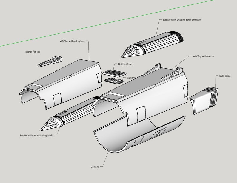 May include: A disassembled model rocket kit with various parts, including the rocket body, nose cone, fins, and a whistling bird attachment. The parts are labeled with their names.