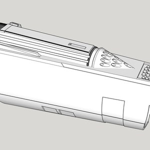 May include: A black and white line drawing of a printer cartridge. The cartridge is cylindrical with a rectangular top. The top has a series of small holes and a larger opening with a series of smaller holes.