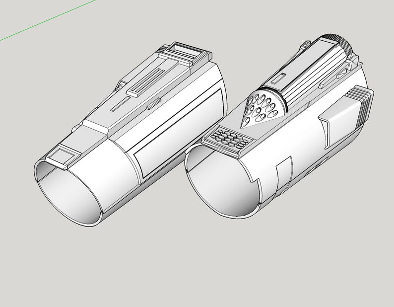 May include: Two white plastic 3D printed wristbands with a futuristic design. One wristband has a pointed end with a series of holes, while the other has a flat end with a series of lines and rectangles.