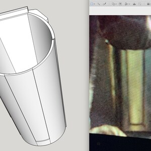 May include: A white, cylindrical, cardboard tube with a seam running down the side. The tube is open at one end and has a small flap at the other end.