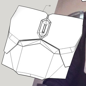 Może przedstawiać: Czarno-biały rysunek liniowy geometrycznego kształtu z centralnym otworem w kształcie diamentu. Kształt przypomina futurystyczny lub science fiction design.