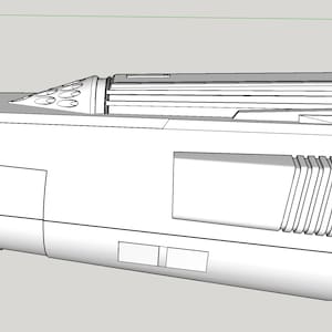 May include: A white model of a spaceship with a rounded front and a long, thin body. The spaceship has a series of small, round windows on the top and a large, rectangular window on the side. The spaceship is made of a smooth, white material.