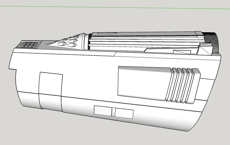 May include: A white model of a spaceship with a rounded front and a long, thin body. The spaceship has a series of small, round windows on the top and a large, rectangular window on the side. The spaceship is made of a smooth, white material.