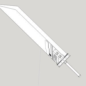 May include: A black and white line drawing of a large sword with a detailed hilt and a long, straight blade.